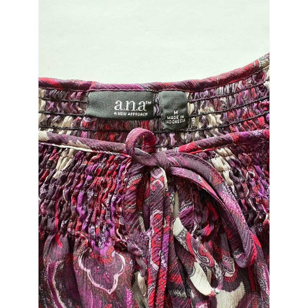ANA A New Approach Purple Paisley Smocked Chiffon Blouse Top Medium Boho Paisley - Picture 7 of 8